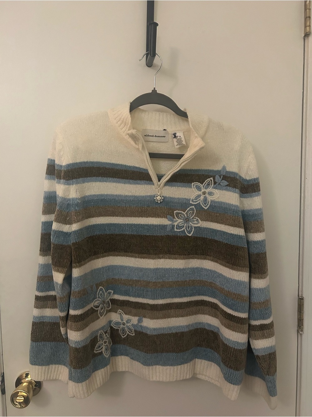 Alfred Dunner Cream & Blue Striped Floral Half-Zip Sweater